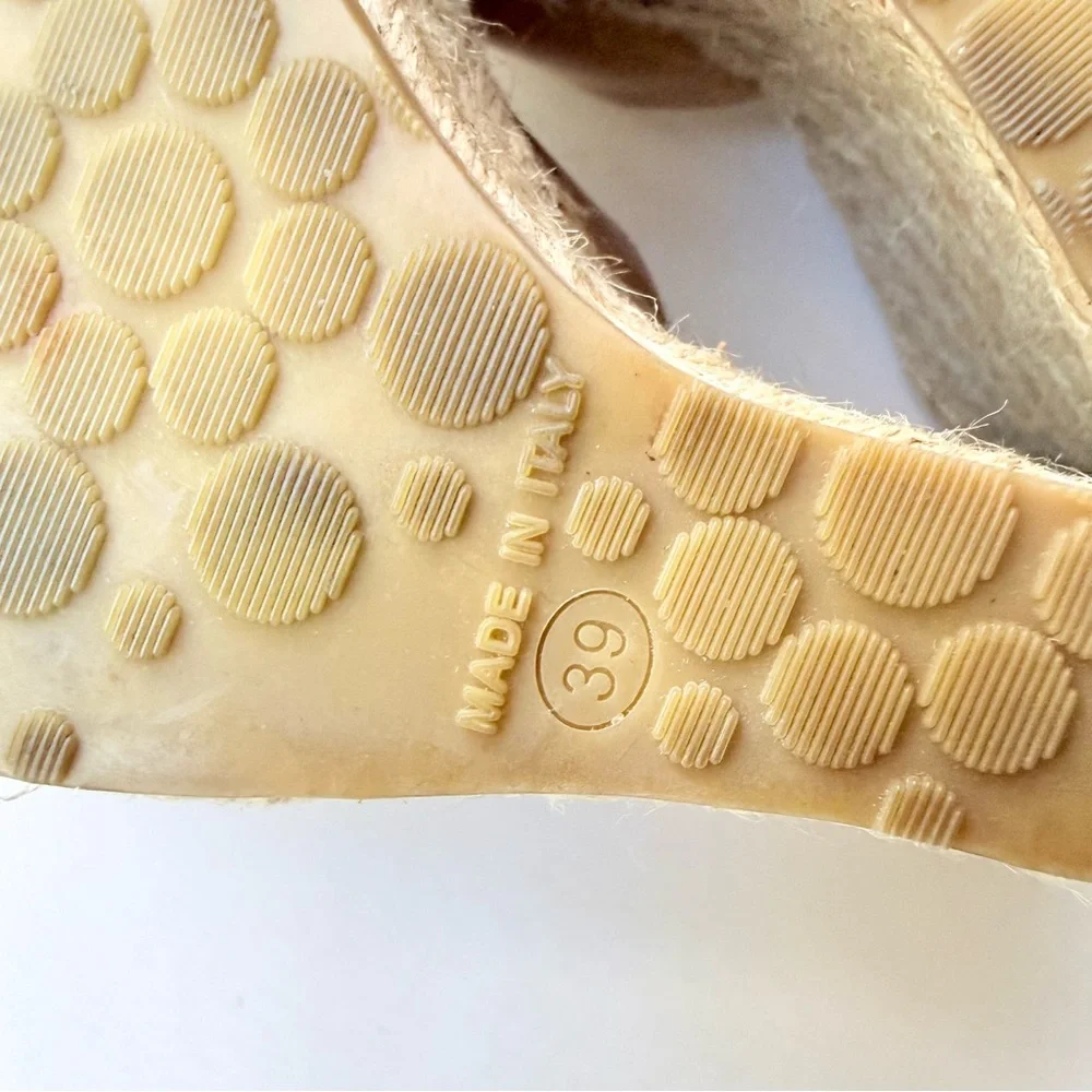 Jimmy Choo Patent Leather Espadrille Wedge Sandals Tan Camel 39